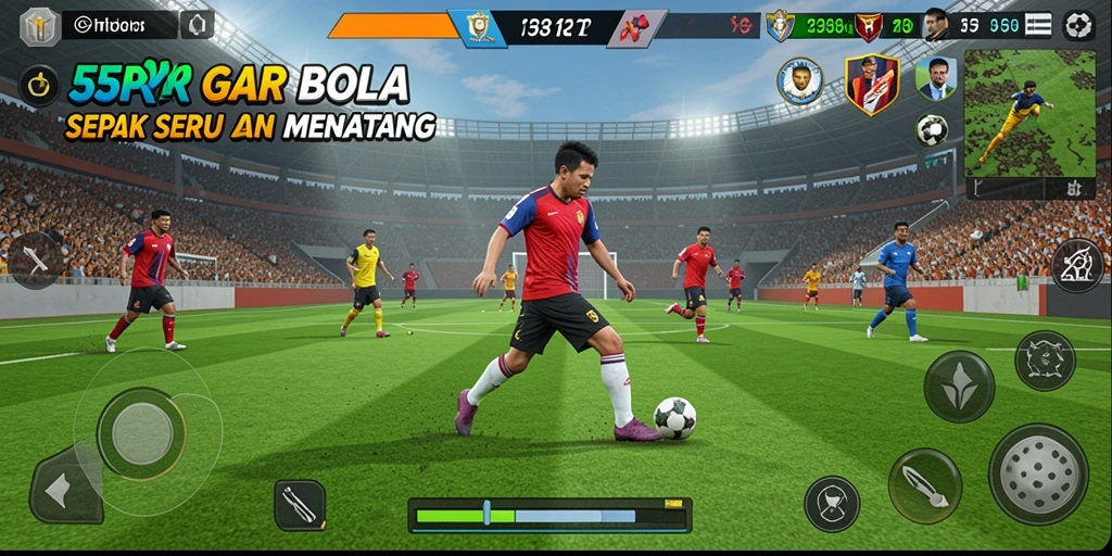 Tampilan gameplay menarik dalam 55RP yang menampilkan aksi sepak bola intens.