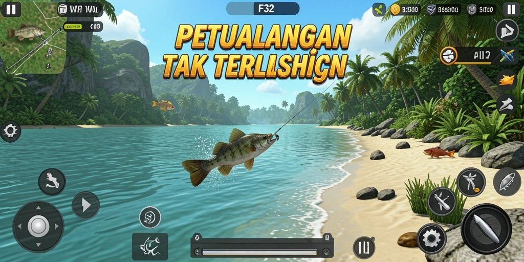 Screenshot gameplay F32 menampilkan aktivitas memancing yang seru.