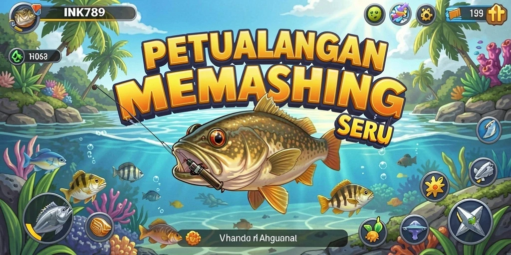 Tampilan gameplay seru di INK789 dengan berbagai jenis ikan yang bisa dipancing.