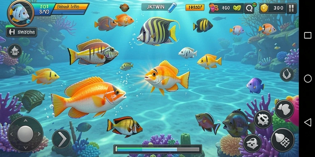 Gameplay seru JKTWIN dengan berbagai jenis ikan yang menunggu untuk ditangkap.