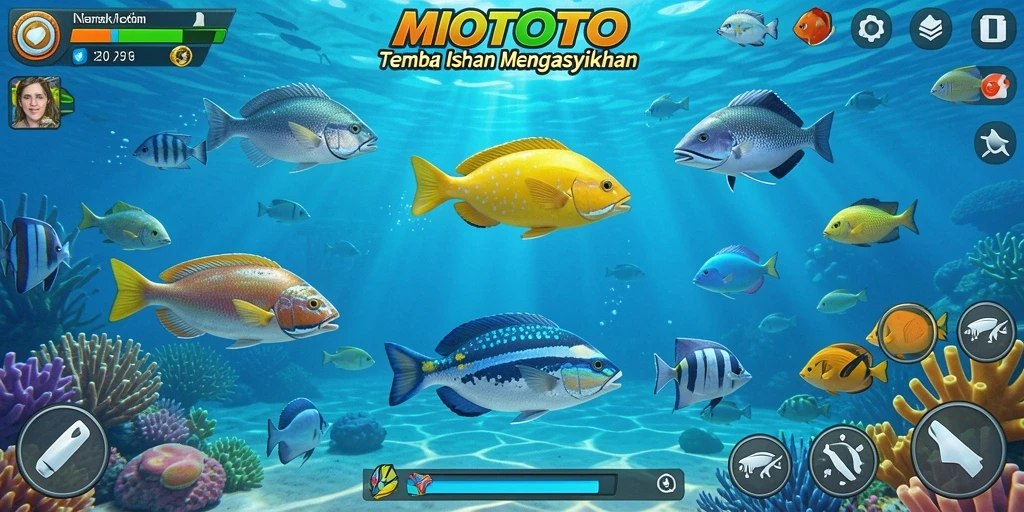 Tangkapan layar gameplay MIOTOTO yang penuh aksi Tembak Ikan.