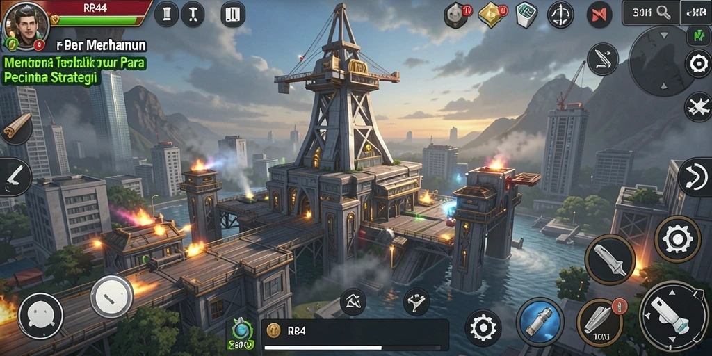 Tangkapan layar gameplay <strong>RR44</strong> menunjukkan pertahanan menara yang strategis dan serangan musuh yang intens.