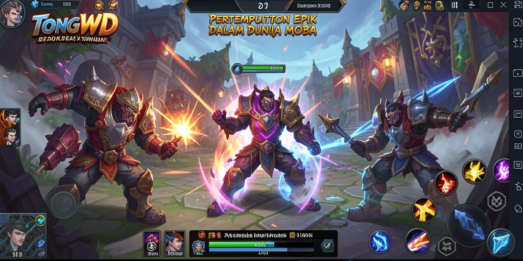Tampilan seru gameplay TONGWD dengan pertempuran MOBA yang intens.