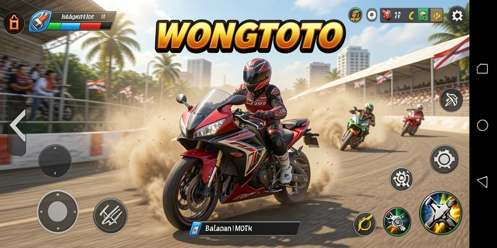 Screenshot gameplay <strong>WONGTOTO</strong> menampilkan balapan motor yang intens dan menegangkan.